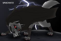 animal_genitalia balls canid canine canis cape cloak clothing death_(puss_in_boots) electricity feral fully_sheathed genitals grin hi_res lightning looking_at_viewer male mammal puss_in_boots_(dreamworks) puss_in_boots_the_last_wish raised_tail red_eyes rock sheath sickle smile solo tail vancanto wolf