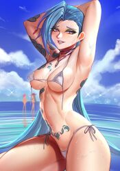 1girls 2023 arms_behind_head badcompzero bikini bikini_top_undone blue_hair blush breasts female female_only hi_res jinx_(league_of_legends) league_of_legends long_hair looking_at_viewer purple_eyes riot_games sea smiling smiling_at_viewer solo tattoo tattooed_arm tattoos thick_thighs