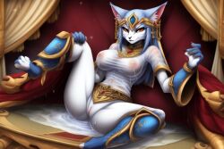 _ai_gen_x_ ai_generated cat_ears female female_only furry nude nude_female see_through spread_legs throne wet_clothes wet_shirt white_fur