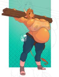 belly belly_inflation big_belly big_breasts cow_ears cow_girl cow_horns disproportional hyper_belly hyper_breasts hyper_pregnancy joeydrewit large_breasts planks pregnant pregnant_belly pregnant_female sweat sweatdrop sweaty sweaty_body sweaty_breasts wood