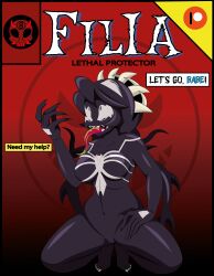 8ball9615 big_breasts black_body comic_cover dialogue_bubble filia_(skullgirls) living_clothes long_hair long_tongue marvel parody sharp_claws skullgirls spider-man_(series) symbiote tentacle venom_(marvel) white_eyes