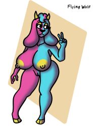 andie_the_goat_(leetheflyingwolf) anthro big_breasts big_nipples bovid breasts caprine female genitals gesture goat hi_res huge_breasts hyper hyper_breasts innie_pussy leetheflyingwolf mammal nipples nude pinup pose pussy solo thick_thighs v_sign