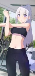 camui1104 elf elf_ears emilia_(re:zero) exercise female gym gym_clothes leggings na-suke na_suke1104 purple_eyes re:zero_kara_hajimeru_isekai_seikatsu silver_hair sports_bra sweat