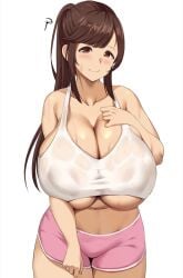 barely_visible_nipples cleavage cowboy_shot crop_top gym_shorts hitomi_senpai_(character) huge_breasts meet_'n'_fuck_games see-through shorts signature smile soft_breasts sweaty_clothes underboob wet_clothes