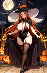 ai_generated black_cape black_dress black_shoes black_stockings bleach brown_eyes curvaceous_figure garter_straps halloween halloween_costume halloween_decoration inoue_orihime large_breasts long_hair moon night orange_hair outdoors slender_body stable_diffusion teenager thighhighs unstable_diffusion waist_length_hair witch_costume witch_hat