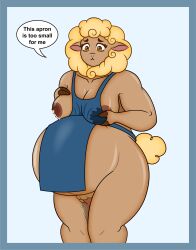 absurd_res ambiguous_fluids anthro apron apron_only belly bodily_fluids breasts caprine chubby_female clothing dialogue female fur genitals hi_res lactating mammal milk nude pregnant pregnant_female pussy rub_lug_(furry) sheep slightly_chubby solo speech_bubble text wool_(fur)