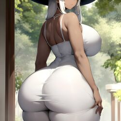 1girls ai_generated apakaber ass_focus big_breasts dark-skinned_female dark_skin dress eyes_out_of_frame huge_ass huge_breasts long_hair slim_waist the_forbidden_dress tight_clothing white_dress white_hair wide_hips