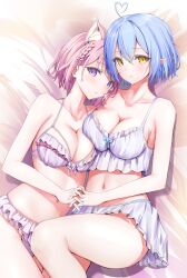 2girls absurdres ahoge animal_ears asymmetrical_docking bare_arms bare_shoulders blue_hair bra braid breast_press breasts cleavage collarbone commentary_request frilled_bra frilled_panties frills hakui_koyori heart heart_ahoge highres holding_hands hololive hololive_gen_5 hololive_japan holox interlocked_fingers kon_(07263545) large_breasts looking_at_viewer lying multiple_girls navel on_back panties parted_lips partial_commentary pink_hair purple_eyes short_hair stomach underwear virtual_youtuber wolf_ears wolf_girl yellow_eyes yukihana_lamy yuri