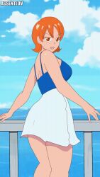 2d animated artist_name artist_signature ass ass_focus assentlov big_ass bottomless_skirt brown_eyes cleavage cloud clouds day female female_only flashing flashing_ass flashing_at_viewer gif going_commando jumping large_breasts looking_at_viewer nami no_panties ocean one_piece orange_eyes orange_hair pre-timeskip presenting presenting_hindquarters short_hair sideboob skirt thick_thighs thighs wavy_hair