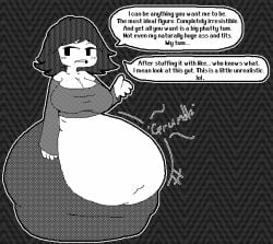 1girls big_breasts huge_belly nyx_(nyx_crabbing) nyx_crabbing oc onomatopoeia original_character pixel_art stomach_noises text text_bubble thick_thighs