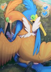 avian beak bird blue_body blue_feathers blush bodily_fluids censored closed_eyes cramorant duo feathers female female/female feral feral_on_feral from_front_position generation_8_pokemon genital_fluids negoya nintendo open_mouth orange_body orange_feathers pokemon pokemon_(species) pussy_juice sex shiny_pokemon simple_background sweat tears yellow_beak