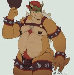 1boy anthro barazoku bowser chest_tuft drank_hyena gay hi_res male male_only mario_(series) musclegut muscular muscular_male nintendo nipple_piercing nipples overweight overweight_male piercing solo spikes tuft