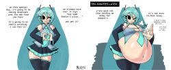 1girls android aqua_hair belly belly_button belly_pat big_belly breasts bucketsfa bursting_breasts bursting_clothes dotodonoto fat hatsune_miku huge_belly navel patting_belly robot robot_girl skirt stuffing vocaloid weight_gain winking