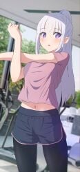 camui1104 elf elf_ears emilia_(re:zero) exercise female gym gym_clothes leggings na-suke na_suke1104 purple_eyes re:zero_kara_hajimeru_isekai_seikatsu shorts silver_hair sweat t-shirt