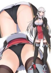 ass azur_lane black_panties boots breasts cleavage close-up dunkerque_(azur_lane) female from_below gradient_eyes grey_hair hand_up high_heel_boots high_heels highres large_breasts long_hair miniskirt mtu_virus multicolored_eyes multicolored_hair multiple_views panties pantyshot rei_(09991) skirt standing thighs two-tone_hair underwear upskirt white_background