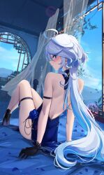 1girls ahoge arm_garter back bare_shoulders black_footwear black_gloves blue_dress blue_eyes feint721 feintheart721 furina_(genshin_impact) genshin_impact gradient_hair grey_hair high_heels long_hair solo straight_hair thigh_strap thighs