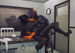 absurd_res anal anal_sex anthro anthro_on_anthro anthro_penetrated anthro_penetrating anthro_penetrating_anthro armor ass body_armor british canid canine canis clothed clothing cuff_(restraint) cuff_links darkwolf_(darkwolfdemon) digital_media_(artwork) dobermann domestic_dog duo fur furniture gun hair hi_res interrogation_room kissing klaus_doberman_(character) lorenzobrezo male male/male male_penetrated male_penetrating male_penetrating_male mammal muscular nude passionate penetration penile penile_penetration pinscher police police_station police_uniform ranged_weapon restraints scar sex shaded tail topwear uniform weapon wolf