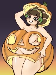 1girls blush brown_eyes brown_hair chubby chubby_female convenient_censorship female female_only hand_on_head headband jack-o'-lantern kina_(skyward_sword) nude pumpkin short_hair shriveledghoul simple_background skyward_sword smile the_legend_of_zelda thick_thighs