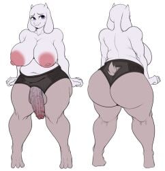 anthro back_view detnox embarrassed furry furry_only futanari huge_ass huge_breasts milf panties pantyhose thick thick_thighs topless toriel undertale undertale_(series)