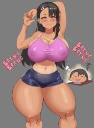 1girls alternate_ass_size alternate_breast_size armpits arms_up athletic athletic_female bouncing_breasts collarbone crop_top dream dreaming embarrassed female female_only flexing gigantic_thighs hayase_nagatoro huge_breasts midriff navel please_don't_bully_me,_nagatoro sivildreams sleeping slender_waist solo sound_effects spandex_shorts sweatdrop thick_thighs wavy_mouth wide_hips