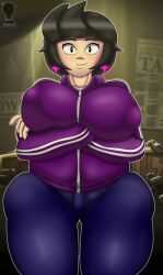 bibi_(brawl_stars) big_breasts brawl_stars dark_hair dark_pants earrings purple_jacket smiling sweater xequiel