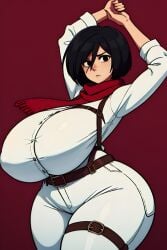 ai_generated attack_on_titan gigantic_breasts huge_breasts hyper_ass hyper_breasts mikasa_ackerman red_scarf thick_thighs thunder_thighs venus_body white_uniform