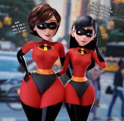 2girls 3d 3d_(artwork) background_characters big_ass big_breasts big_hips big_thighs black_hair blue_eyes blurry_background bottom_heavy brown_hair child_bearing_hips clothed dialogue disney duo duo_female elastigirl english_text eyemask female female_only fingering front_view gloves hair_accessory hand_on_hip hand_on_own_hip helen_parr hourglass_figure huge_ass human human_only incest legwear long_hair looking_away mask milf mother_and_daughter multiple_girls nipples_visible_through_clothing no_bra open_mouth outdoors outside pixar short_hair smitty34 standing superhero_costume superheroine talking text the_incredibles thick_thighs three-quarter_portrait thunder_thighs violet_parr wide_hips yuri