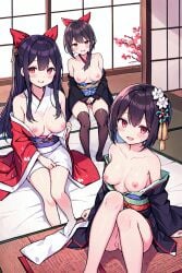 3girls absurd_res absurdres ai_generated black_hair black_kimono blunt_bangs blurry blurry_background blush breast_press breasts breasts_apart clothes_lift cum female female_only fully_naked futon geisha geisha_hair hair_between_eyes hair_over_shoulder hi_res highres indoors japanese_clothes kimono kimono_lift large_breasts long_hair long_sleeves looking_at_viewer multiple_girls naked nipples no_bra nude off_shoulder open_clothes open_kimono open_mouth original partially_visible_pussy pillow puffy_nipples pussy_juice reclining red_eyes show_pussy sidelocks skin_fang smile spread_legs steaming_body sweat tatami wet wet_pussy wide_sleeves