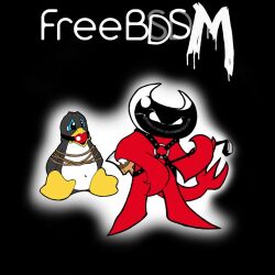 2boys anthro avian ball_gag bdsm bdsm_gear beastie_(bsd) blue_eyes bondage bsd_(operating_system) crossover demon demon_boy duo freebsd latex latex_mask linux male male/male mascot penguin red_body rope rope_bondage sadism scared tux_the_penguin weapon what