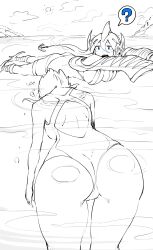 ass ass_focus bare_thighs big_ass big_breasts breasts breasts_hand butt_focus drowned drowning jacket mom? monochrome niwamaru niwarhythm one-piece_swimsuit question_mark swimsuit tight_clothing underwater wide_hips