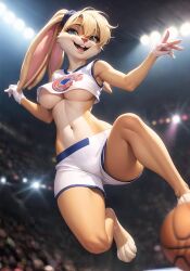 ai_generated anthro basketball basketball_(ball) basketball_court basketball_jersey basketball_shorts basketball_uniform breasts bunny clothed clothing feet female finaleclipse furry gloves lagomorph leporid lola_bunny looney_tunes navel paws rabbit revealing_clothes solo solo_female space_jam stable_diffusion sweat sweating tagme underboob warner_brothers