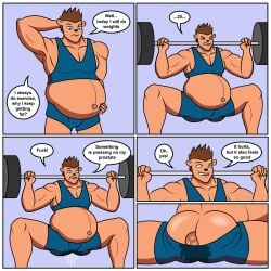 ambiguous_fluids anthro birth blocked_birth comic dialogue dumbbell hi_res humor labor male muscular muscular_male pregnant pregnant_male rub_lug_(furry) solo speech_bubble text weights