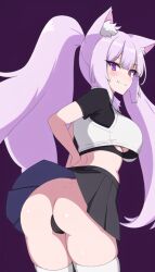 1girls ai_generated bent_over cat_ears cat_tail catgirl character_request ctainsfw female flashing fringe neko nekomimi original original_character petite ponytail purple_eyes skirt smiling smiling_at_viewer stockings teenager upskirt violet_hair white_hair