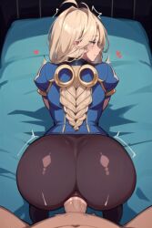 ai_generated back_view bed bed_sheet belly_button big_ass big_penis blonde_hair blue_armor blue_eyes bothered doggy_style heart interracial love original original_character pov_male promptchan promptchan.ai shiny_ass shiny_thighhighs shock_wave stockings tan-skinned_male uncomfortable vaginal_sex