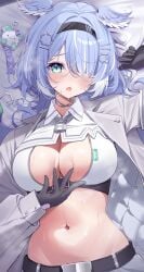 aqua_eyes belt blue_hair breasts cleavage cleavage_cutout clothing_cutout collared_shirt crop_top deyui elira_pendora elira_pendora_(4th_costume) famelira_(elira_pendora) fan_mascot_(vtuber) fangs female gloves hair_ornament hair_over_one_eye hairband hairclip head_wings highres jacket keychain large_breasts lock long_hair looking_at_viewer lying midriff navel nijisanji nijisanji_en on_back open_mouth paizuri_invitation shirt solo steam steaming_body sweat virtual_youtuber white_shirt wings