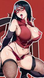 ahe_gao ai_generated areolae arm_warmers big_breasts black_hair blush boruto:_naruto_next_generations breasts_out_of_clothes clothing dezgo_ai exposed_nipples exposed_pussy fishnet_legwear fishnet_stockings forehead_protector glasses long_hair naruto naruto_(series) navel nipples no_panties oiled open_mouth pussy red_eyes sarada_uchiha skirt squatting stockings thick_thighs thighhighs tongue tongue_out vagina