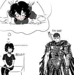 1boy 1boy1girl berserk big_butt big_penis blush dialogue doggy_style dragonslayer_(sword) female funny gothic guts_(berserk) happy heart_eyes looking_at_another looking_pleasured meme muscular muscular_male orgasm railing rough_sex sex short_hair smile text thick_thighs thighs touching_butt wet