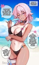 1girls beach bikini breasts dialogue english_text female foxy_rain_(foxyreine) foxyrain foxyrain_(foxyreine) foxyreine honkai:_star_rail honkai_(series) large_breasts long_hair march_7th_(honkai:_star_rail) naughty_face outdoors pink_hair tan tan-skinned_female tanlines tanned_skin