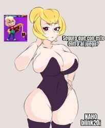 1girls 2023 ayanamimatoi big_breasts black_clothing blonde_hair brawl_stars breasts busty charlie_(brawl_stars) clothed clothed_female clothing curvaceous curvy female female_focus female_only grey_background hand_behind_head hand_on_hip huge_breasts large_breasts light-skinned_female light_skin looking_away makeup playboy_bunny slim_waist soft_breasts solo solo_female solo_focus spanish_text standing stockings supercell text thick_thighs voluptuous wide_hips