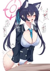 absurdres abydos_high_school_student animal_ear_fluff animal_ears areola_slip between_breasts black_hair blue_archive blue_bra blue_necktie blue_panties blush bra breasts camisole cat_ears cleavage closed_eyes clothed_masturbation crotch_rub extra_ears female female_masturbation foreclosure_task_force_(blue_archive) halo heavy_breathing highres kokihanada large_breasts long_hair masturbation masturbation_through_clothes mons_pubis necktie necktie_between_breasts no_pants open_clothes open_mouth panties pussy_juice red_halo saliva school_uniform serika_(blue_archive) solo sweat table_humping twintails twitching underwear white_background