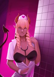 blonde_hair borrowed_character charlotte_the_succubus cosplay drill_hair gold_eyes large_breasts messyhideout nurse nurse_cap nurse_clothing nurse_uniform pinup pinup_pose smiling_at_viewer succubus succubus_horns succubus_tail the_city_of_reygarth winking_at_viewer