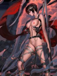 asian asian_female attack_on_titan big_breasts black_hair completely_nude harness liang_xing mikasa_ackerman missile nipples pussy scarf short_hair smoke toned_female uncensored