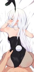 black_eyes bowtie breasts bunny_ears bunny_tail bunnysuit camui1104 cleavage echidna_(re:zero) fishnet_legwear fishnets hand_on_hip leotard leotard_aside looking_at_viewer na-suke na_suke1104 penetration pov re:zero_kara_hajimeru_isekai_seikatsu sex thighs torn_fishnets torn_legwear white_hair