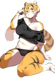 1girls big_breasts breasts chubby chubby_female female looking_at_viewer looking_down mx99926 oc off_shoulder short_hair slightly_chubby sole_female solo solo_female solo_focus tail thick_thighs tiger tiger_ears tiger_girl tiger_print tiger_stripes tiger_tail wide_hips