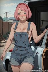 1girls 2dvice ai_generated alternate_costume apron apron_lift apron_only big_breasts big_thighs blush bottomless breasts car chubby chubby_female covered_nipples covering covering_breasts dirt dirty fantasy female female_only hands_behind_head happy happy_female heart heroine house housewife job kitchen looking_at_viewer loyalservant mechanic naruto naruto_(series) overalls pink_dress pink_hair sakura_haruno short_dress sideboob smile smiling smiling_at_viewer solo