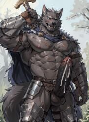 blaidd_(elden_ring) elden_ring fromsoftware furry grey_body leo_ai_art male_only muscular_male solo_male wolf