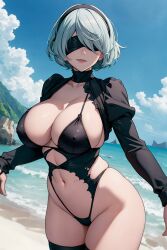 ai_generated beach big_breasts bikini blindfold breasts female nier nier:_automata nier_(series) solo white_hair yorha_2b