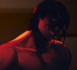 1boy boyfriend_to_death dark_lighting demonic evil_grin male male_only medium_hair pecs red_lighting sharp_teeth shirtless solo solo_male stechow strade stubble topless