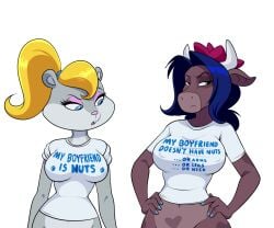 2girls anthro artist_request berri big_breasts black_eyes blonde_hair blue_eyes blue_fingernails blue_hair blue_hairband bottomless bovine brown_fur buckteeth captain_laserhawk:_a_blood_dragon_remix chipmunk clothed_female comedy conker's_bad_fur_day cream_and_chocolate dark_blue_hair english english_text eyeshadow female female_only fingernails flower_in_hair funny hairband hands_on_hips horn horns long_hair looking_at_another mature_female meme microsoft midriff multiple_girls nipples_visible_through_clothing no_bra no_panties purple_eyes rareware rayman_(series) shirt_only squirrel standing t-shirt text text_on_clothing tied_hair topless topless_female ubisoft voluptuous voluptuous_female white_background white_fur white_shirt wide_hips