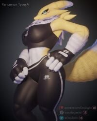 3d_(artwork) anthro breasts clothed clothing digimon dogzeela female fur mammal_humanoid renamon renamon_(dogzeela) solo tail yellow_fur yoga_pants